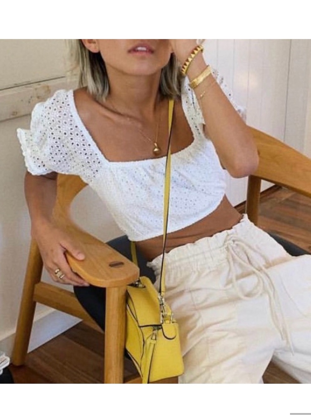 With Jean Darla White Eyelet Square-Neck Cropped Top